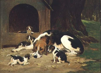 En Foxhound tæve med sit kuld