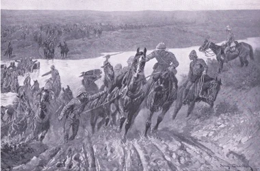 Artilleri på vej over Caledon ved Karreepoort Drift, illustration fra Efter Pretoria: Guerillakrigen, 1902