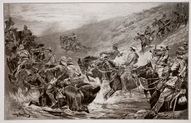 The Dash for Kimberley - The 10th Hussars Crossing Klip Drift, efter en skitse af G.D. Giles (fl.1890)