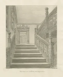 Interiør af Blithfield Hall: sepia tegning