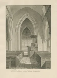 Interiør af Leigh Church: sepia tegning