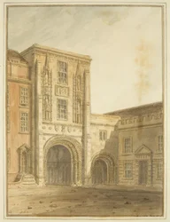 North View of College Gateway (akvarel over blyant på papir)