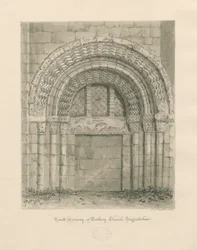 Tutbury Priory Church - South Doorway: sepia wash drawing, 1812dani