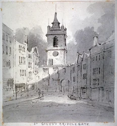Church of St Giles uden Cripplegate fra Fore Street, City of London, 1790.