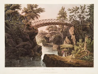 Environs of Paris, Bridge at Bagatelle, illustration fra Versailles, Paris og Saint Denis, pub. 1809 (akvatint)