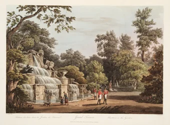 Grand Trianon, Fountain in the Garden, illustration fra Versailles, Paris og Saint Denis, pub. 1805 (akvatint)