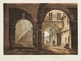 Interiør af Chatelet, del af Feraille-kajen, illustration fra Versailles, Paris og Saint Denis, pub. 1809 (akvatint)