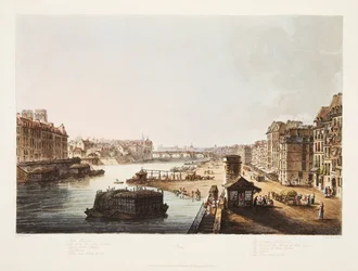 Island of St Louis, tårnene i Notre Dame-kirken, Notre Dame-broen, Louvre, Corn Quay, illustration fra Versailles, Paris og Saint Denis, pub. 1805 (akvatint)