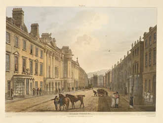 Milsom street.Bath, illustreret med en række synspunkter, fra tegningerne af J. C. Nattes; med beskrivelser til hver plade.John Claude Nattes1806