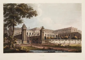 Versailles fra The Orangerie, illustration fra Versailles, Paris og Saint Denis, pub. 1805 (akvatint)