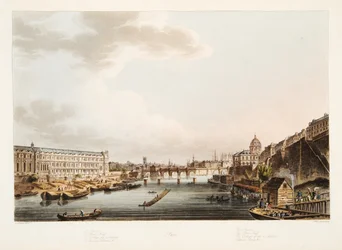 Louvre; Pont Neuf; De 4 Nationers Kollegium; Voltaires Quay, illustration fra Versailles, Paris og Saint Denis, pub. 1805 (akvatint)