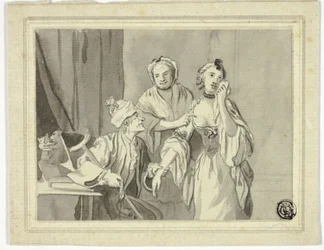 Litterær illustration: Gammel mand tilbageholder ung kvinde, som ledsages af ældre kvinde