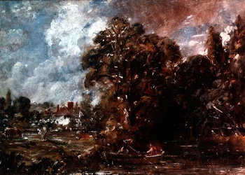 En flodscene med et bondehus ved vandkanten, ca. 1830-36 (olie)