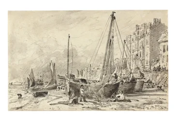 Strandede fiskerbåde med fiskere, der reparerer net på stranden ved Brighton, med udsigt mod vest, ca. 1824-28