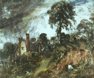 Sommerhus blandt træer med sandbanke, ca. 1830-36