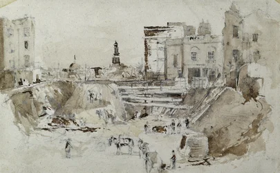 Lontoon ja Birminghamin rautatien rakentaminen, n. 1835 (kynä pesulla paperilla)