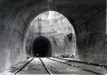 Fantastisk ventilationsskakt, Kilsby Tunnel, Northamptonshire, 1837-38 (pen & blæk og vask på papir)