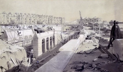 Mornington Crescent - Line under opførelse, september 1836 (pen & blæk og vask på papir)