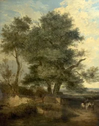 Træer ved en bæk (Piletræet, en rytter og en kvinde på en vej), ca. 1818 (olie på lærred)