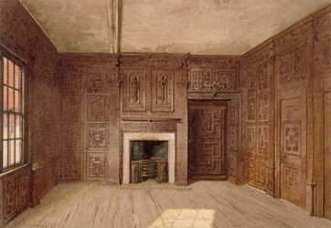 Indvendig visning af Compton Oak Room, Canonbury House, Islington, London, 1887