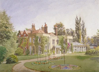 Den forreste indgang og haven ved Raleigh House, Brixton Hill, Lambeth, London, 1887