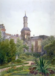 Tårnet af Church of St Botolph, Aldersgate, City of London, 1886