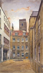 Tower of the Church of St Matthew, Friday Street set fra Fountain Court, London, 1882