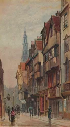 Udsigt over Wych Street, Westminster, med udsigt mod øst fra New Inn gateway, London, c1880