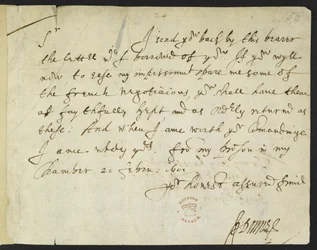 Cotton Julius C. III, f.153 Autografbrev fra John Donne til Sir Robert Cotton, skrevet fra fængslet, 20. februar 1601 (blæk på papir)