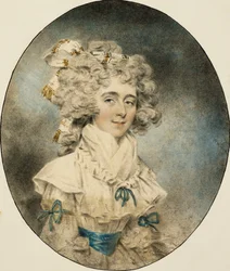 Portræt af fru Fisher, halv længde, i en hvid kjole prydet med blå bånd, 1788