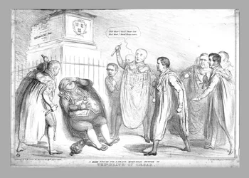 Et uhøfligt design til et storslået historisk billede af Cæsars død, 1836.