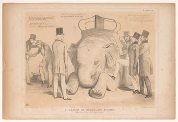 Spotprent over de aanstelling af Henry Hardinge som guvernør i Indien En lektion i elefantridning! Studeret fra Nature in the Zoological Gardens (titel på objekt) HB Sketches (serietitel på objekt)