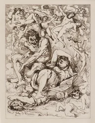 Liggende figur holder kors, djævelen sidder i nærheden omgivet af flydende figurer (ætsning)