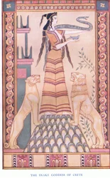 Slangegudinden på Kreta, illustration fra Myths of Crete og pubben før Hellenic Europe. af Gresham Publishing Company Limited 1920