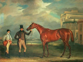 General Chasse, en kastanje væddeløbshest, der holdes af sin træner, med sin jockey, J. Holmes, der står forbi på Aintree-væddeløbsbanen, 1835