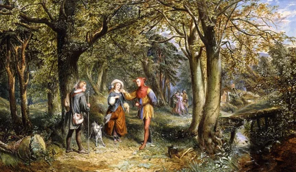 En scene fra "As You Like It": Rosalind, Celia og Jacques i The Forest of Arden, 1864