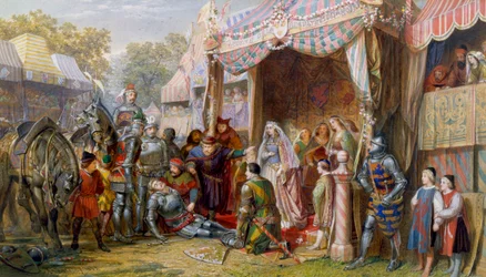 Lancelot kæmper mod Sir Mador for at forsvare Guineveres ære foran kong Arthur, Guinevere og kongens hof.