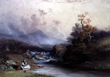 Udsigt over en bjergtorrent, med to kvindefigurer, 1800-tallet
