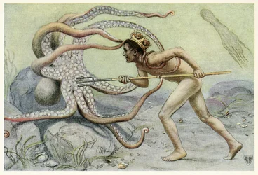 Han var meget modig og stærk, ? og kæmpede med den store blæksprutte fra The Great Sea Horse, pub. 1909
