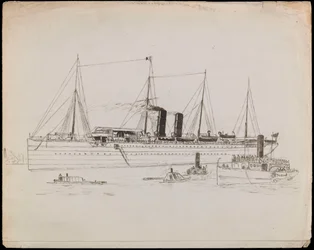 PAH1225; Dampskib nær en kyst med slæbebåd ved siden af. Passagerskib med slæbebåd og hjuldamperen Tilbury i nærheden (tegning)