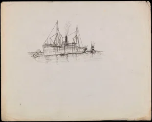 PAH1225; Dampskib nær en kyst med slæbebåd ved siden af. Passagerskib med slæbebåd og hjuldamperen Tilbury i nærheden (tegning)