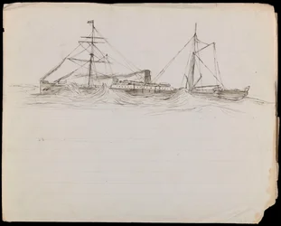 PAH1228; Skitser af et slagskib og to andre fartøjer fra Royal Navy (tegning)