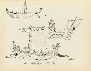 Skitser af tidlige fartøjer, herunder et romersk sejl- og årefartøj og Odysseus