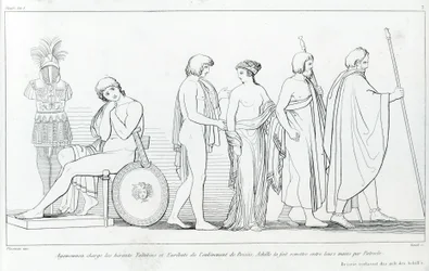 Agamemnon anklagede herolderne Taltibius og Euribat for bortførelsen af Briseis; Achilles fik den overgivet til deres hænder af Patrocles. Tegning af John Flaxman (1755 - 1826). Homers Iliaden. Synger I