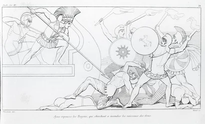 Ajax frastøder trojanerne, der søger at brænde de græske skibe. Tegning af John Flaxman (1755 - 1826). Homers Iliaden. Sang XV.