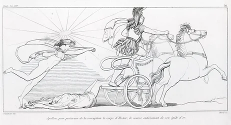 Apollo, solens gud, for at bevare Hectors krop dækker ham fuldstændigt med hans gyldne aegis. Sang XXIV. Tegning af John Flaxman (1755 - 1826). Homers Iliaden.