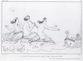 Havfruer søger ved deres sang at tiltrække Ulysses. Tegning af John Flaxman (1755 - 1826). Homers Odyssé. Sang XII.