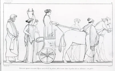 Nausikaa, som netop har mødt Odysseus, fører ham til sin fars palads, kong Alkinoos. Tegning af John Flaxman (1755 - 1826). Homers Odysseen. Sang VI.