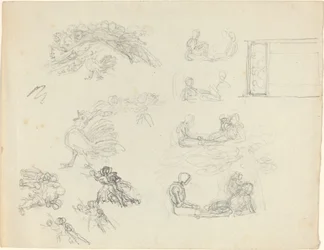 Studier af galende hane og liggende figurer [recto and verso]