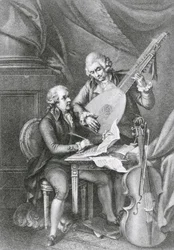 Portræt af Franz Joseph Haydn (1732-1809) og Wolfgang Amadeus Mozart (1756-91), der komponerer musik for lut, indgraveret af Michele Benedetti (1745-1810)
